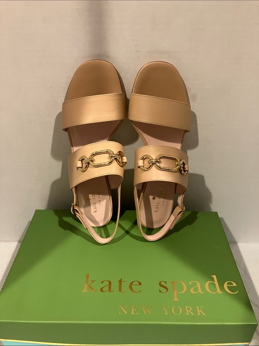 kate spade Nude Tan Leather Slingback Sandals with Gold Chain Accent